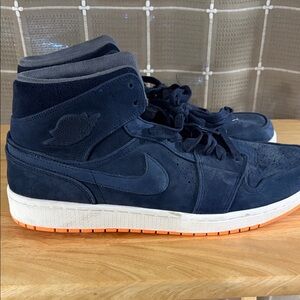Nike Air Jordan 1 Mid Navy Blue Suede with Orange Outsole